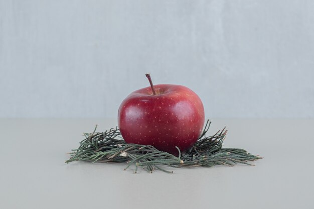 Una mela fresca rossa intera su sfondo grigio.