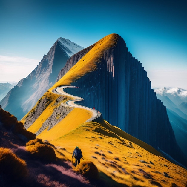 Una montagna con una strada che si trova nel mezzo