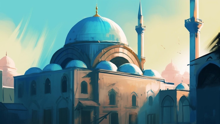 Foto gratuito una moschea blu con un cielo rosa sullo sfondo