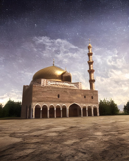 Una moschea con una cupola d'oro e un cielo stellato