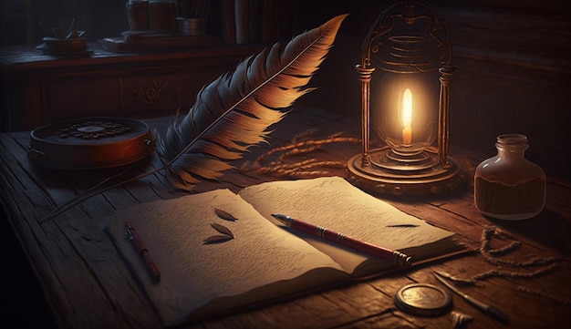 Una natura morta con una lampada, una penna, una lanterna e un libro.