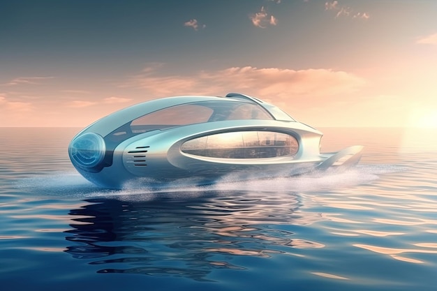 Una nave futuristica che naviga attraverso il mare IA generativa