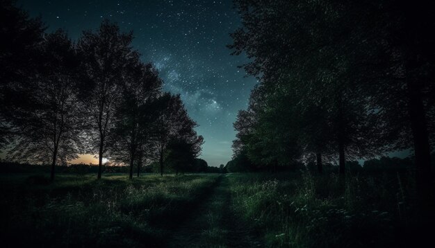 Una notte misteriosa rivela la bellezza della natura in un paesaggio stellato generato dall'intelligenza artificiale