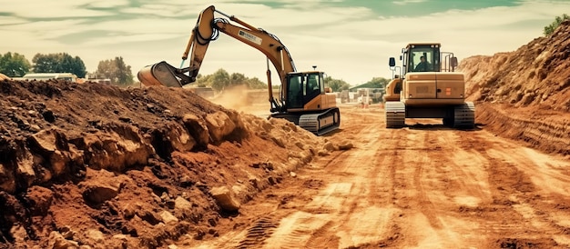 Una nuova strada è in costruzione con diversi pezzi di attrezzature pesanti