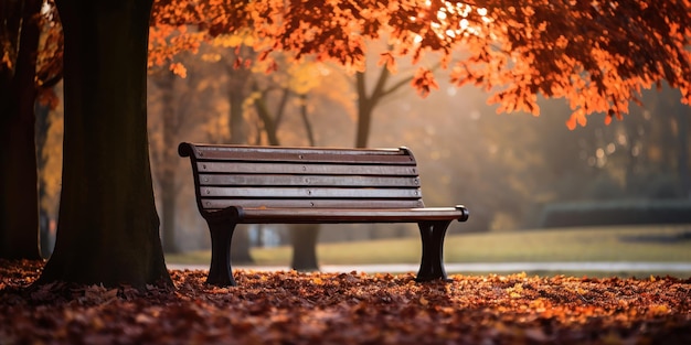 Una panchina solitaria in un parco autunnale circondata da foglie cadute