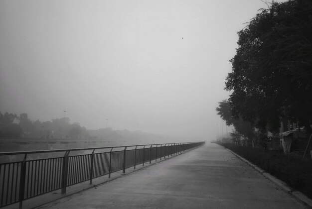 Una passerella del parco coperta di nebbia