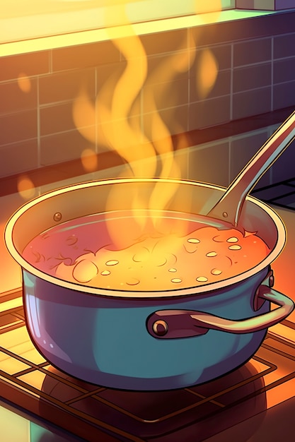 Una pentola di cibo in stile anime con il fuoco