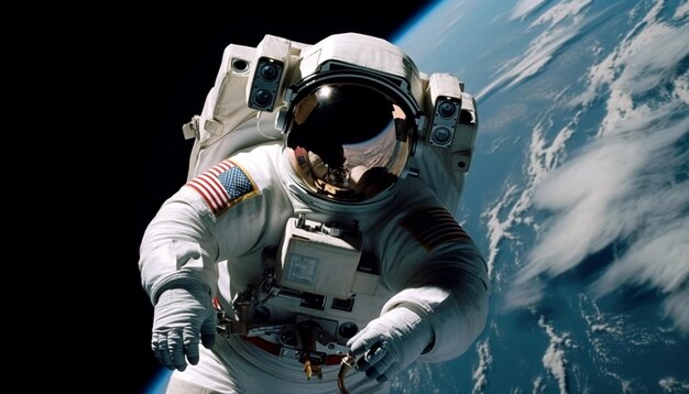 Una persona astronauta forze armate che esplorano lo spazio generato dall'intelligenza artificiale