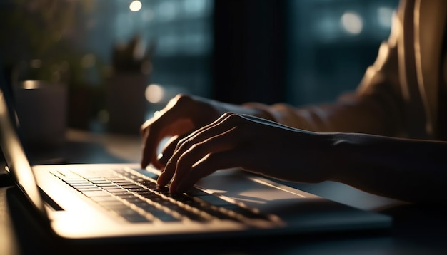 Una persona che digita su un laptop in ufficio generato dall'intelligenza artificiale