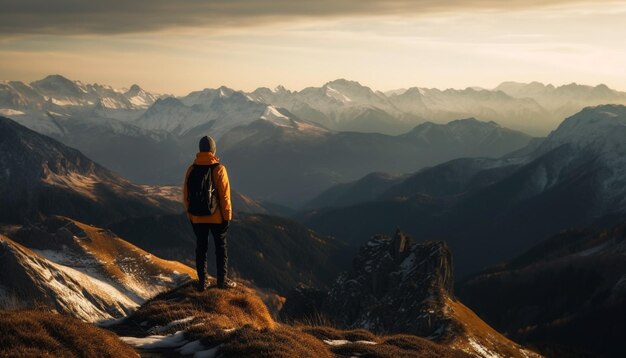 Una persona che fa un'escursione con lo zaino in montagna al seguito generato dall'intelligenza artificiale