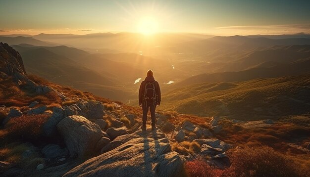 Una persona in piedi sulla cima di una montagna che sembra generata dall'intelligenza artificiale