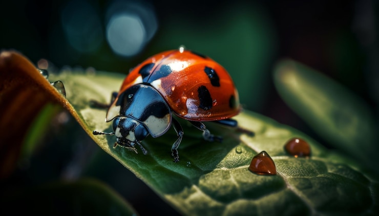 Foto gratuito una piccola coccinella maculata striscia su una foglia bagnata generata dall'intelligenza artificiale