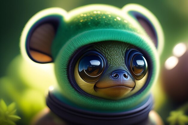 Una piccola scimmia verde con grandi occhi e un grande occhio nero.