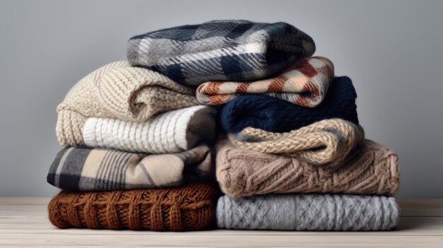 Una pila di coperte a maglia e modelli a quadri è disposta su uno sfondo grigio intemperato