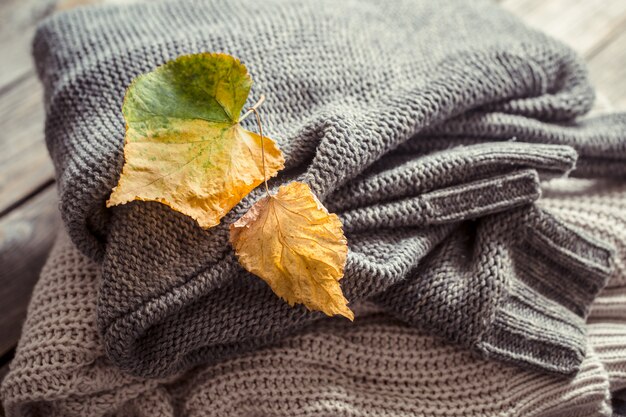 una pila di maglioni e foglie d'autunno