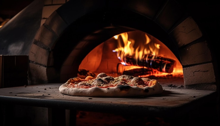 Foto gratuito una pizza cotta a legna viene cotta in un forno a legna.