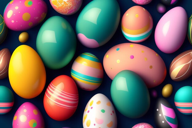 Una raccolta di colorate uova di pasqua su uno sfondo scuro