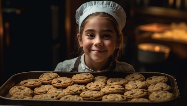 Una ragazza carina che tiene un biscotto con scaglie di cioccolato al forno generato dall'intelligenza artificiale