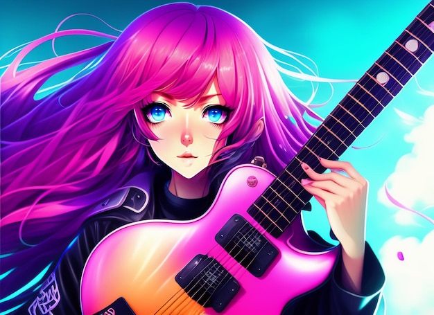 Una ragazza con i capelli rosa che tiene una chitarra davanti a uno sfondo blu.