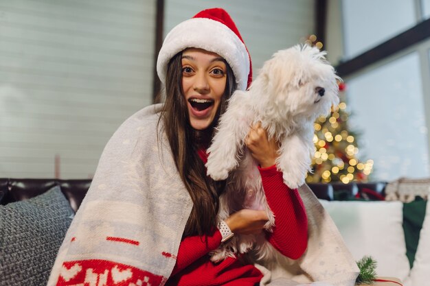 Una ragazza con un cagnolino in braccio si siede sul divano la notte di Capodanno.