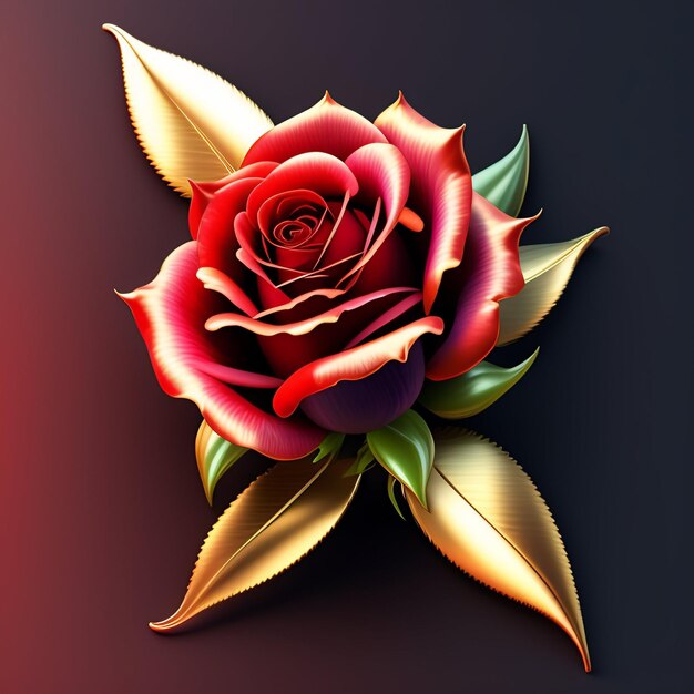 Una rosa rossa con foglie d'oro e una rosa rossa a sinistra.