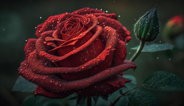 Una rosa rossa con gocce d'acqua su di essa