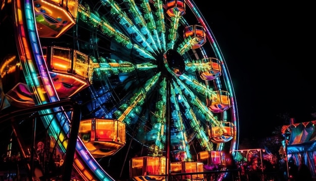 Una ruota panoramica in fiera è illuminata da luci colorate.