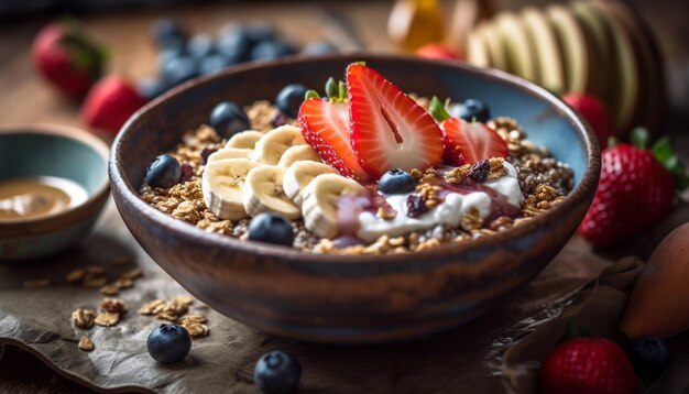 Una sana ciotola di muesli allo yogurt e frutti di bosco generati dall'intelligenza artificiale