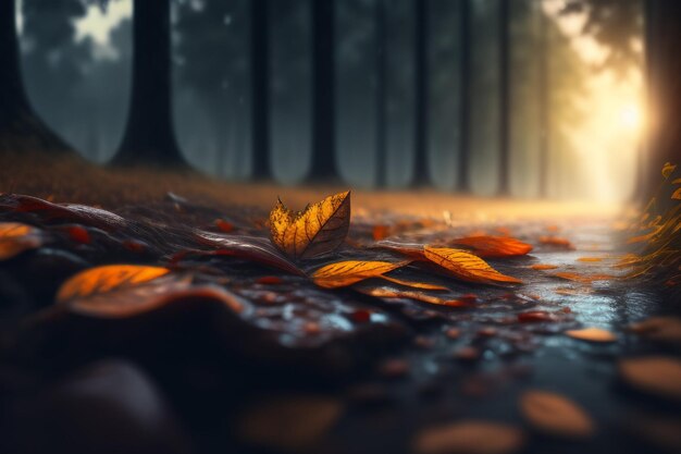 Una scena della foresta con una foglia sul terreno e il sole che splende attraverso gli alberi