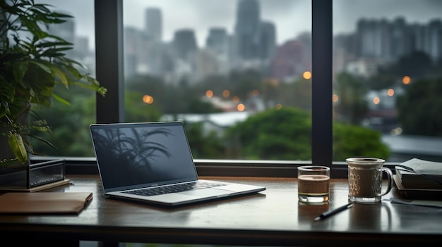 Una scrivania da ufficio posizionata accanto a una grande finestra con gocce di pioggia e un cielo coperto