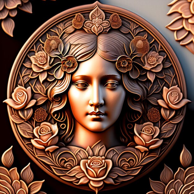 Una scultura in bronzo di una donna con dei fiori sopra