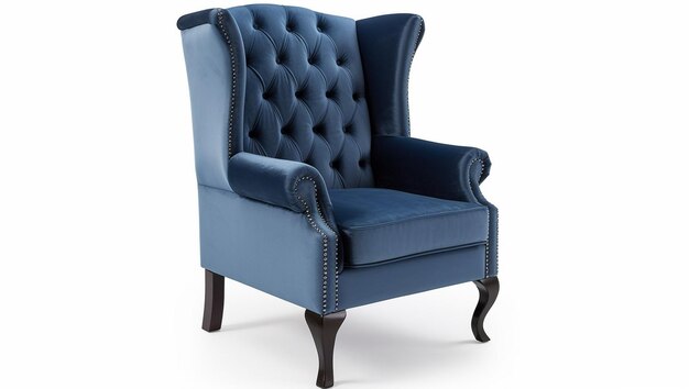 Una sedia blu è mostrata in una foto.