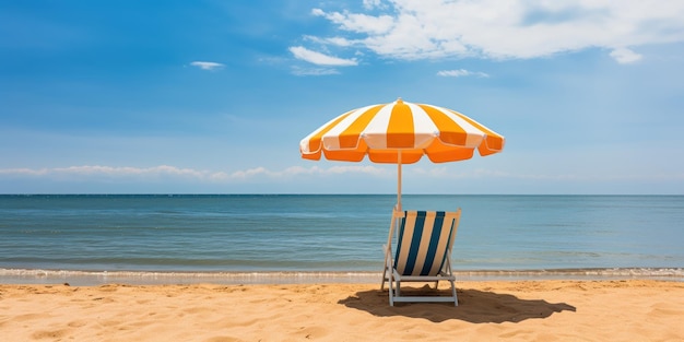 Una sedia da spiaggia e un ombrello a righe offrono un'affascinante fuga sulle sabbie dorate