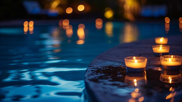 Una serata notturna in piscina con candele galleggianti illuminate che creano un'atmosfera magica