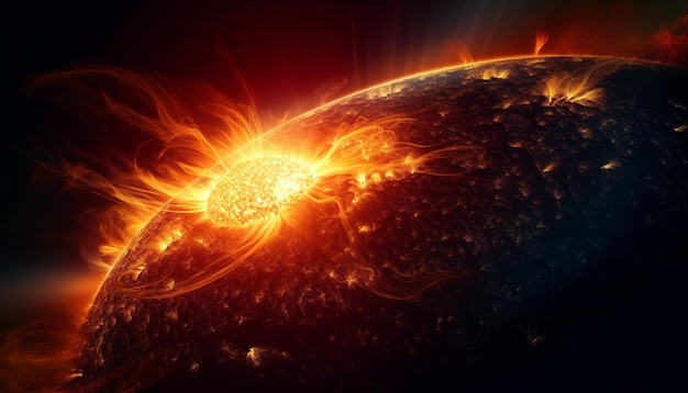 Una sfera di fuoco incandescente illumina il frattale astratto della galassia generato dall'intelligenza artificiale