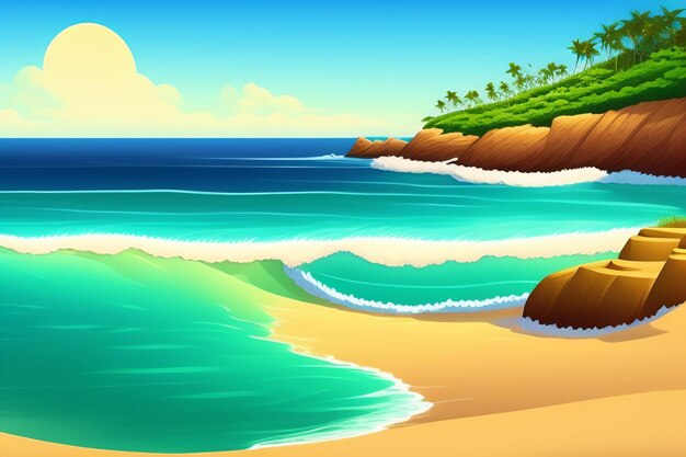 Una spiaggia tropicale con un'isola tropicale e palme sulla sabbia.