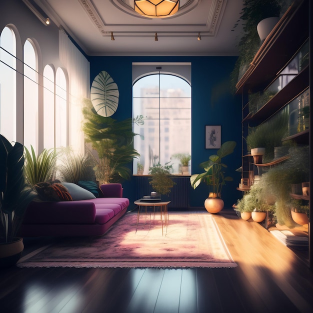 Una stanza con un divano e delle piante sopra