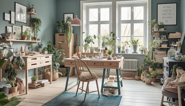 Una stanza con un tavolo e delle piante sopra
