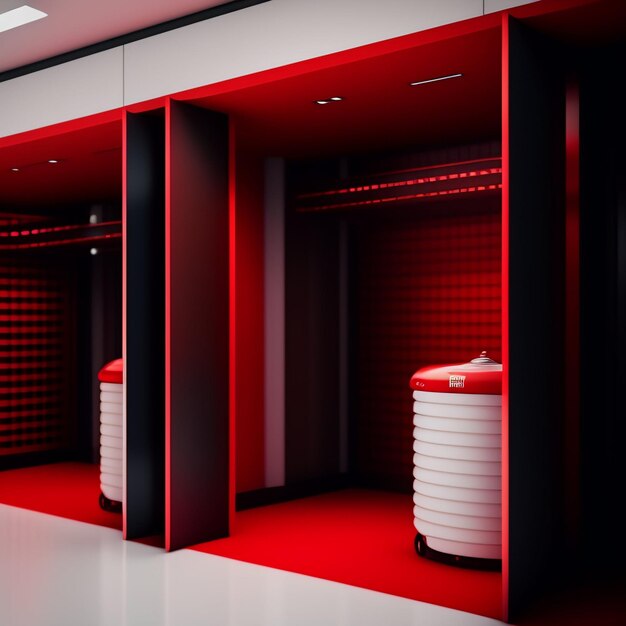 Una stanza rossa e nera con pavimento bianco e pareti nere.