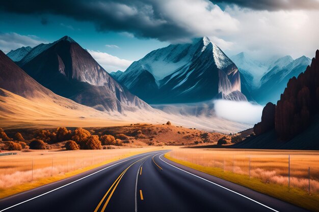 Una strada che conduce a una montagna con un cielo nuvoloso sullo sfondo
