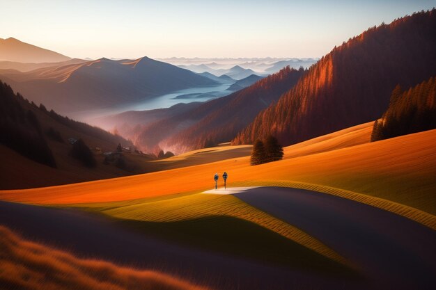 Una strada in un campo con le montagne sullo sfondo