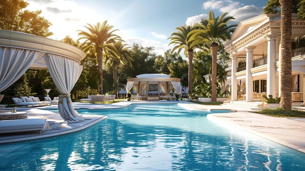 Una stravagante festa in piscina in una lussuosa villa completa di cabine VIP e cabina DJ