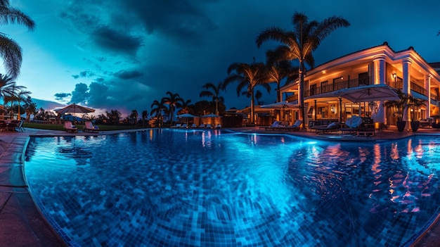 Una stravagante festa in piscina in una lussuosa villa completa di cabine VIP e cabina DJ