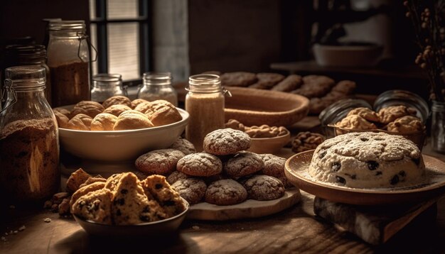 Una tavola imbandita di pasticcini e altri dolci compreso un bicchiere di latte.