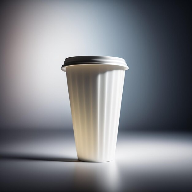 Una tazza di caffè bianca con un coperchio che dice caffè sopra