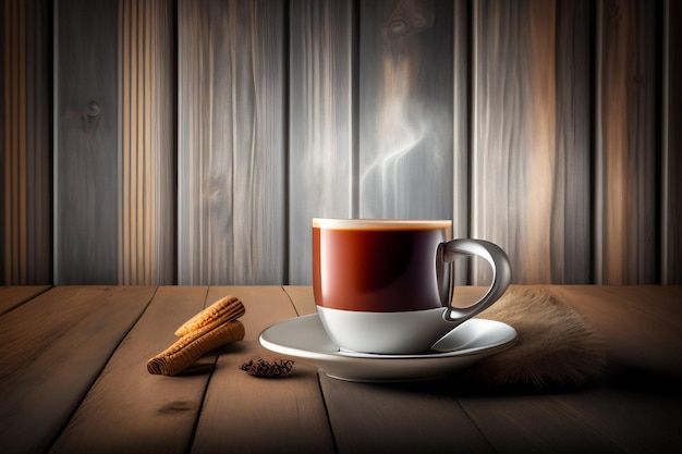Una tazza di caffè con bastoncini di cannella su un tavolo di legno.