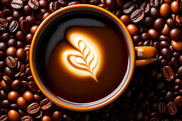 Una tazza di caffè con sopra un disegno a foglia