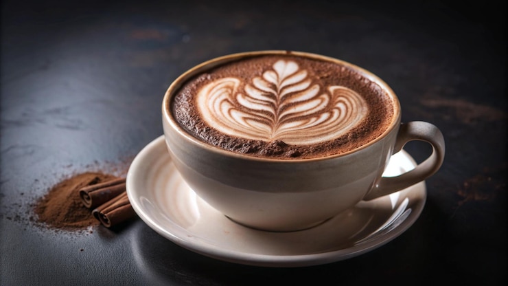 Foto gratuito una tazza di cappuccino con latte art e bastoncini di cannella su una superficie rustica