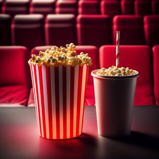 Una tazza di popcorn e un drink sono su un tavolo davanti a un cinema.