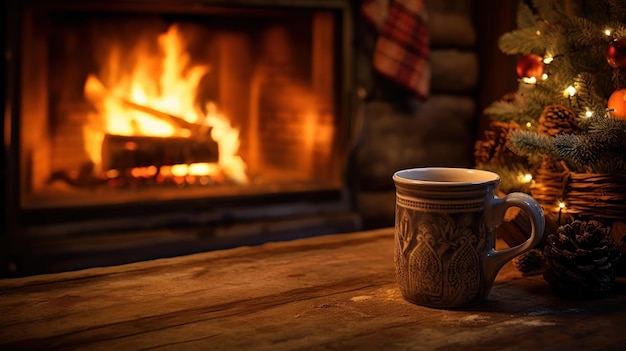 Una tazza piena di calore poggia sul lato il suo vapore che si alza contribuendo a un ambiente accogliente offrendo molto spazio per i saluti natalizi